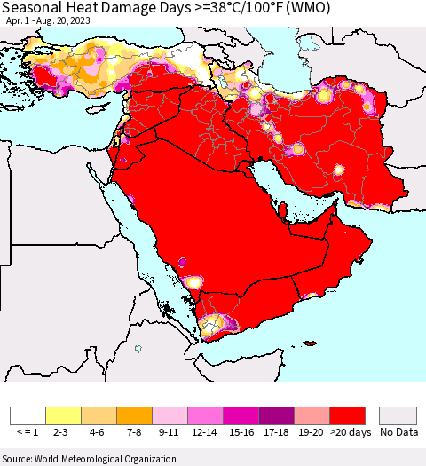 Middle East and Turkey Seasonal Heat Damage Days >=38°C/100°F (WMO) Thematic Map For 4/1/2023 - 8/20/2023