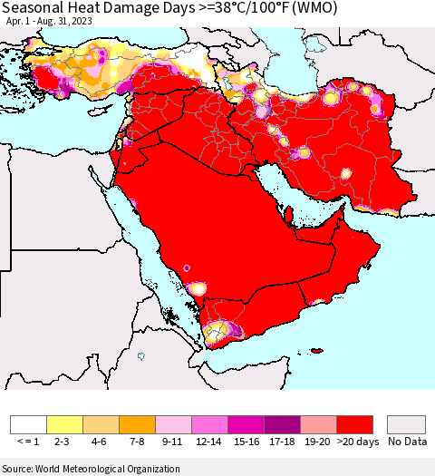 Middle East and Turkey Seasonal Heat Damage Days >=38°C/100°F (WMO) Thematic Map For 4/1/2023 - 8/31/2023