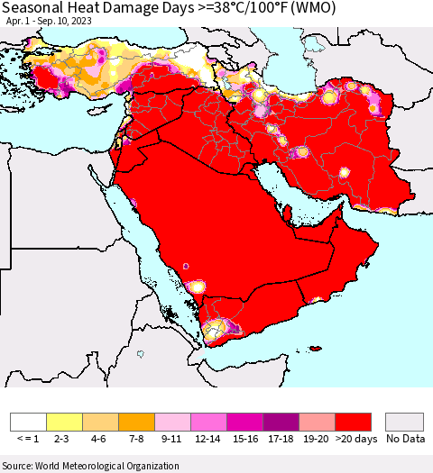 Middle East and Turkey Seasonal Heat Damage Days >=38°C/100°F (WMO) Thematic Map For 4/1/2023 - 9/10/2023