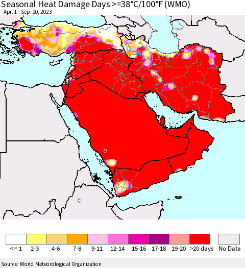 Middle East and Turkey Seasonal Heat Damage Days >=38°C/100°F (WMO) Thematic Map For 4/1/2023 - 9/20/2023
