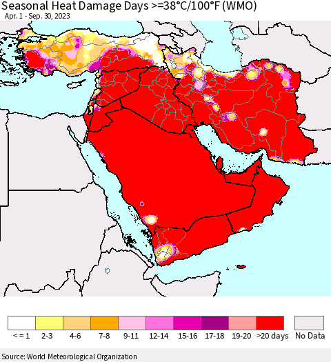 Middle East and Turkey Seasonal Heat Damage Days >=38°C/100°F (WMO) Thematic Map For 4/1/2023 - 9/30/2023