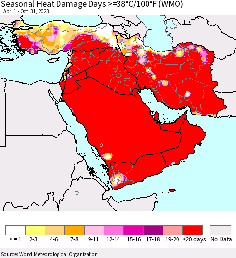 Middle East and Turkey Seasonal Heat Damage Days >=38°C/100°F (WMO) Thematic Map For 4/1/2023 - 10/31/2023