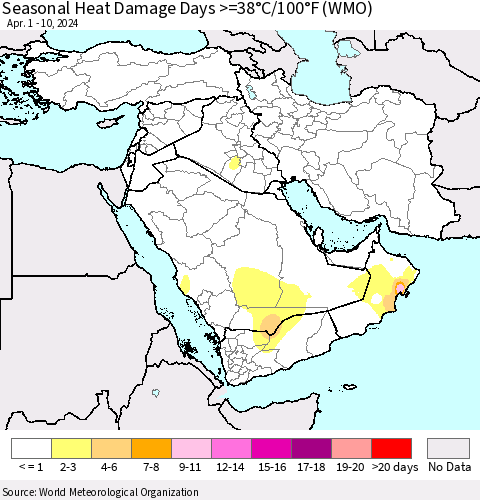 Middle East and Turkey Seasonal Heat Damage Days >=38°C/100°F (WMO) Thematic Map For 4/1/2024 - 4/10/2024