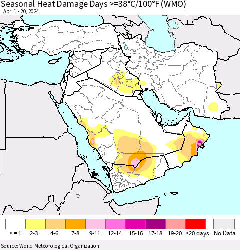 Middle East and Turkey Seasonal Heat Damage Days >=38°C/100°F (WMO) Thematic Map For 4/1/2024 - 4/20/2024