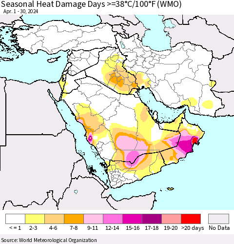Middle East and Turkey Seasonal Heat Damage Days >=38°C/100°F (WMO) Thematic Map For 4/1/2024 - 4/30/2024