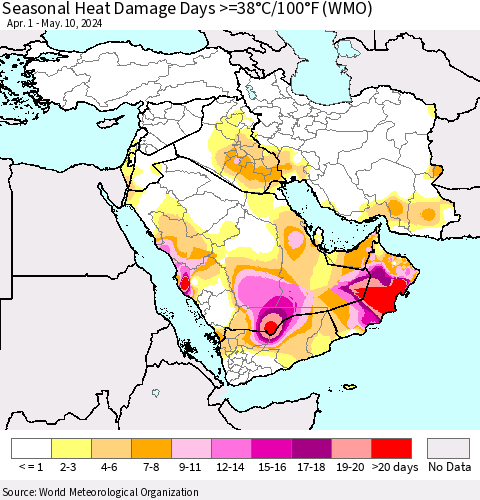 Middle East and Turkey Seasonal Heat Damage Days >=38°C/100°F (WMO) Thematic Map For 4/1/2024 - 5/10/2024