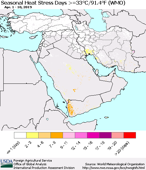 Middle East and Turkey Seasonal Heat Stress Days >=35°C/95°F (WMO) Thematic Map For 4/1/2019 - 4/10/2019