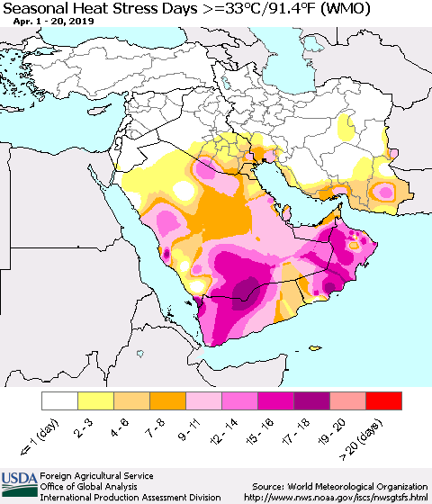 Middle East and Turkey Seasonal Heat Stress Days >=35°C/95°F (WMO) Thematic Map For 4/1/2019 - 4/20/2019