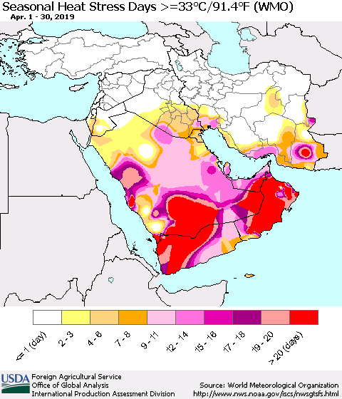 Middle East and Turkey Seasonal Heat Stress Days >=35°C/95°F (WMO) Thematic Map For 4/1/2019 - 4/30/2019
