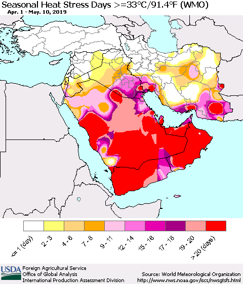 Middle East and Turkey Seasonal Heat Stress Days >=35°C/95°F (WMO) Thematic Map For 4/1/2019 - 5/10/2019