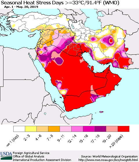 Middle East and Turkey Seasonal Heat Stress Days >=35°C/95°F (WMO) Thematic Map For 4/1/2019 - 5/20/2019