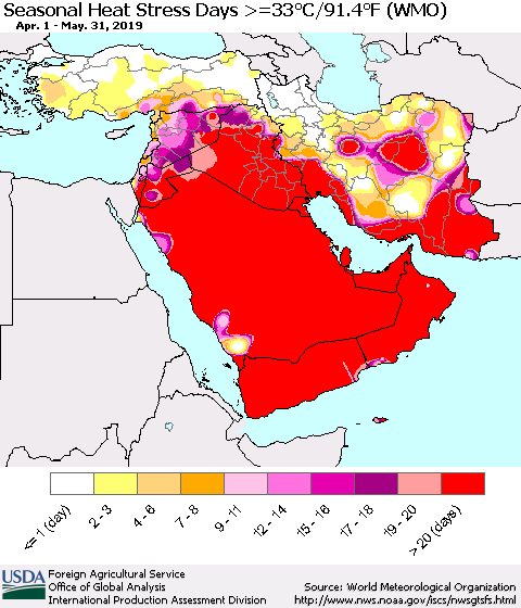 Middle East and Turkey Seasonal Heat Stress Days >=35°C/95°F (WMO) Thematic Map For 4/1/2019 - 5/31/2019
