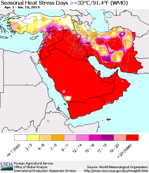 Middle East and Turkey Seasonal Heat Stress Days >=35°C/95°F (WMO) Thematic Map For 4/1/2019 - 6/10/2019