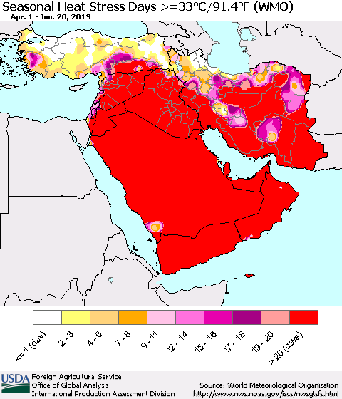 Middle East and Turkey Seasonal Heat Stress Days >=35°C/95°F (WMO) Thematic Map For 4/1/2019 - 6/20/2019
