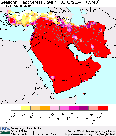 Middle East and Turkey Seasonal Heat Stress Days >=35°C/95°F (WMO) Thematic Map For 4/1/2019 - 6/30/2019