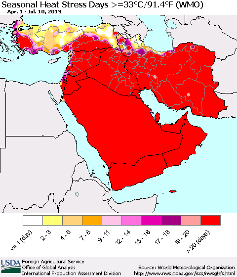 Middle East and Turkey Seasonal Heat Stress Days >=35°C/95°F (WMO) Thematic Map For 4/1/2019 - 7/10/2019