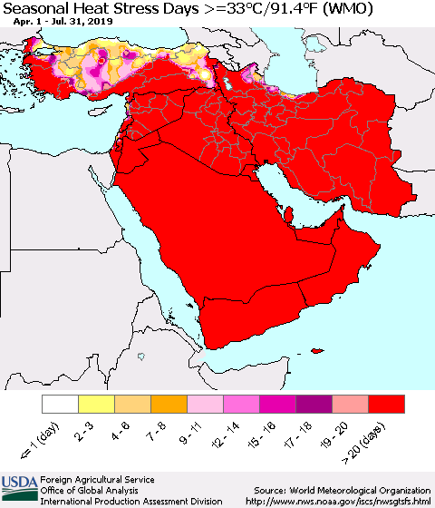 Middle East and Turkey Seasonal Heat Stress Days >=35°C/95°F (WMO) Thematic Map For 4/1/2019 - 7/31/2019