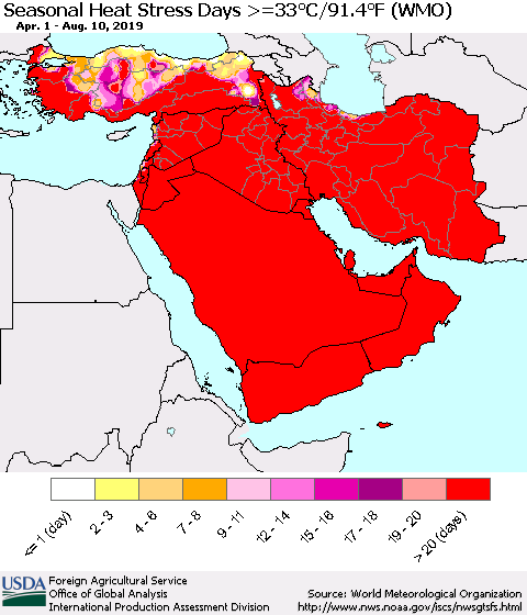 Middle East and Turkey Seasonal Heat Stress Days >=35°C/95°F (WMO) Thematic Map For 4/1/2019 - 8/10/2019