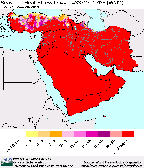 Middle East and Turkey Seasonal Heat Stress Days >=35°C/95°F (WMO) Thematic Map For 4/1/2019 - 8/20/2019