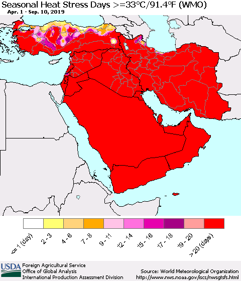 Middle East and Turkey Seasonal Heat Stress Days >=35°C/95°F (WMO) Thematic Map For 4/1/2019 - 9/10/2019