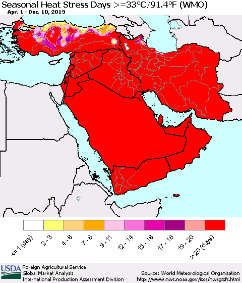 Middle East and Turkey Seasonal Heat Stress Days >=35°C/95°F (WMO) Thematic Map For 4/1/2019 - 12/10/2019