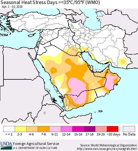 Middle East and Turkey Seasonal Heat Stress Days >=35°C/95°F (WMO) Thematic Map For 4/1/2020 - 4/10/2020