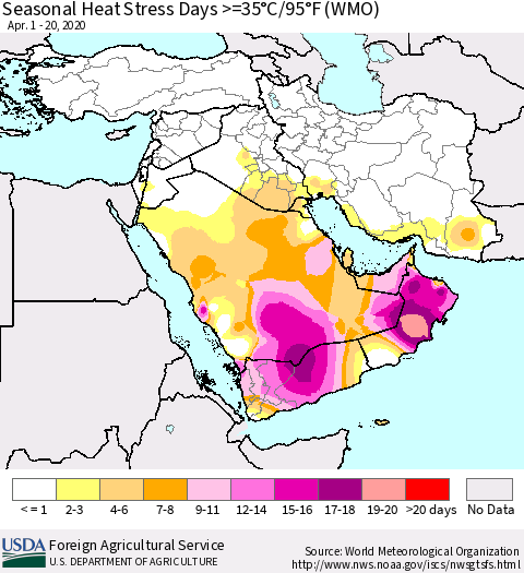 Middle East and Turkey Seasonal Heat Stress Days >=35°C/95°F (WMO) Thematic Map For 4/1/2020 - 4/20/2020