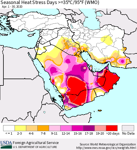 Middle East and Turkey Seasonal Heat Stress Days >=35°C/95°F (WMO) Thematic Map For 4/1/2020 - 4/30/2020