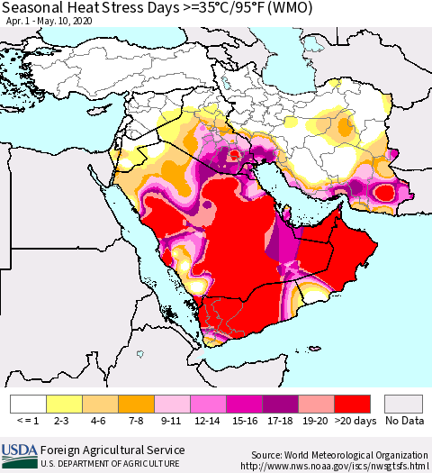 Middle East and Turkey Seasonal Heat Stress Days >=35°C/95°F (WMO) Thematic Map For 4/1/2020 - 5/10/2020