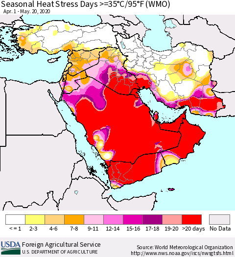 Middle East and Turkey Seasonal Heat Stress Days >=35°C/95°F (WMO) Thematic Map For 4/1/2020 - 5/20/2020