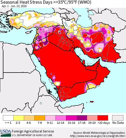 Middle East and Turkey Seasonal Heat Stress Days >=35°C/95°F (WMO) Thematic Map For 4/1/2020 - 6/10/2020