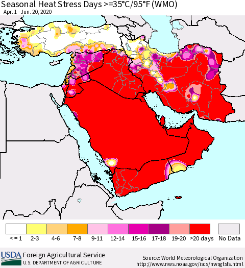 Middle East and Turkey Seasonal Heat Stress Days >=35°C/95°F (WMO) Thematic Map For 4/1/2020 - 6/20/2020