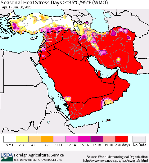 Middle East and Turkey Seasonal Heat Stress Days >=35°C/95°F (WMO) Thematic Map For 4/1/2020 - 6/30/2020