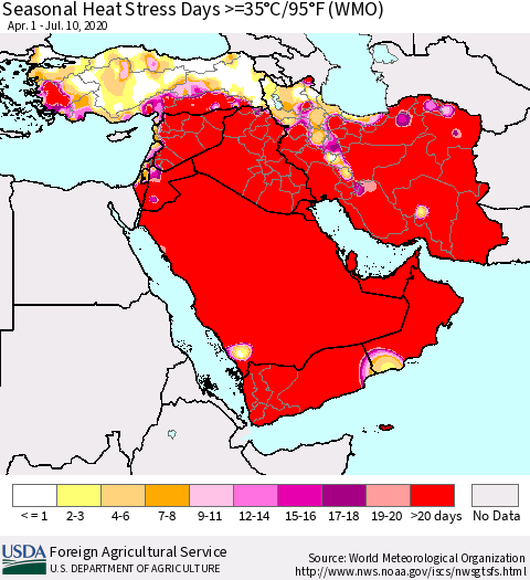 Middle East and Turkey Seasonal Heat Stress Days >=35°C/95°F (WMO) Thematic Map For 4/1/2020 - 7/10/2020