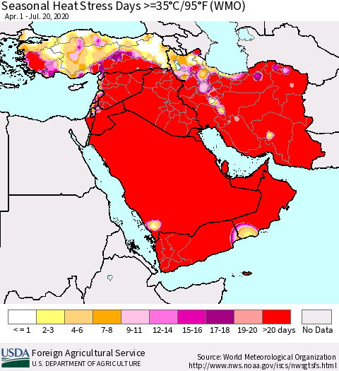 Middle East and Turkey Seasonal Heat Stress Days >=35°C/95°F (WMO) Thematic Map For 4/1/2020 - 7/20/2020