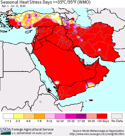 Middle East and Turkey Seasonal Heat Stress Days >=35°C/95°F (WMO) Thematic Map For 4/1/2020 - 7/31/2020