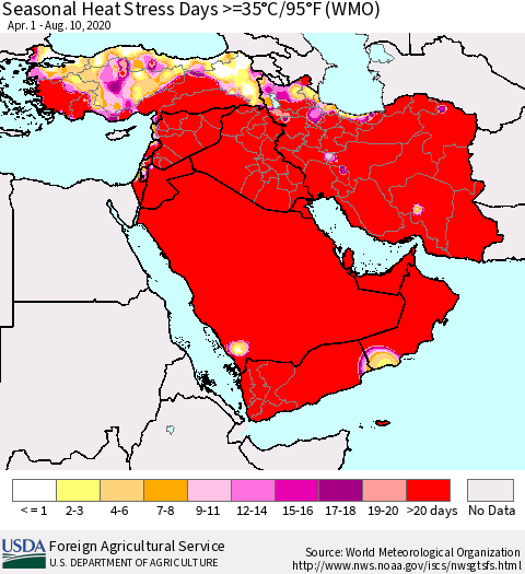 Middle East and Turkey Seasonal Heat Stress Days >=35°C/95°F (WMO) Thematic Map For 4/1/2020 - 8/10/2020