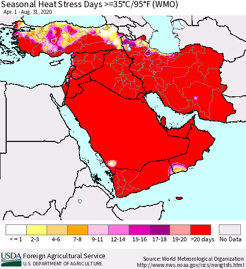 Middle East and Turkey Seasonal Heat Stress Days >=35°C/95°F (WMO) Thematic Map For 4/1/2020 - 8/31/2020