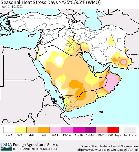 Middle East and Turkey Seasonal Heat Stress Days >=35°C/95°F (WMO) Thematic Map For 4/1/2021 - 4/10/2021