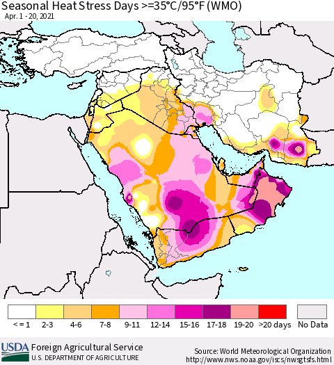 Middle East and Turkey Seasonal Heat Stress Days >=35°C/95°F (WMO) Thematic Map For 4/1/2021 - 4/20/2021