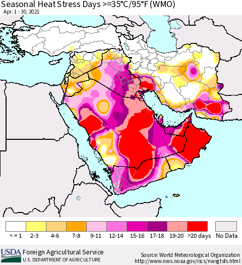 Middle East and Turkey Seasonal Heat Stress Days >=35°C/95°F (WMO) Thematic Map For 4/1/2021 - 4/30/2021