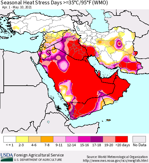 Middle East and Turkey Seasonal Heat Stress Days >=35°C/95°F (WMO) Thematic Map For 4/1/2021 - 5/10/2021