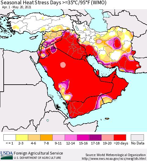 Middle East and Turkey Seasonal Heat Stress Days >=35°C/95°F (WMO) Thematic Map For 4/1/2021 - 5/20/2021
