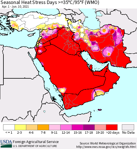 Middle East and Turkey Seasonal Heat Stress Days >=35°C/95°F (WMO) Thematic Map For 4/1/2021 - 6/10/2021