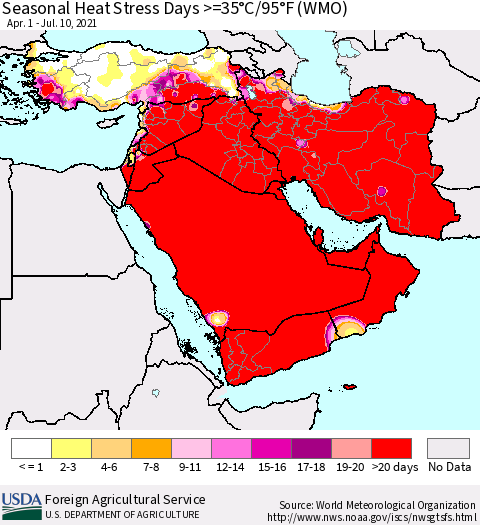 Middle East and Turkey Seasonal Heat Stress Days >=35°C/95°F (WMO) Thematic Map For 4/1/2021 - 7/10/2021