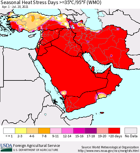 Middle East and Turkey Seasonal Heat Stress Days >=35°C/95°F (WMO) Thematic Map For 4/1/2021 - 7/20/2021