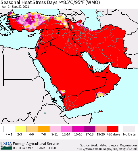 Middle East and Turkey Seasonal Heat Stress Days >=35°C/95°F (WMO) Thematic Map For 4/1/2021 - 9/20/2021