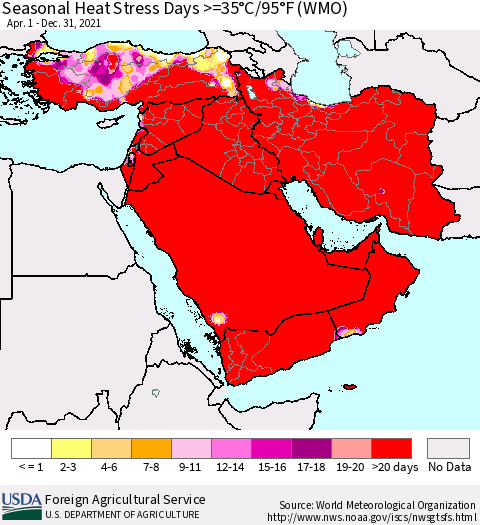 Middle East and Turkey Seasonal Heat Stress Days >=35°C/95°F (WMO) Thematic Map For 4/1/2021 - 12/31/2021