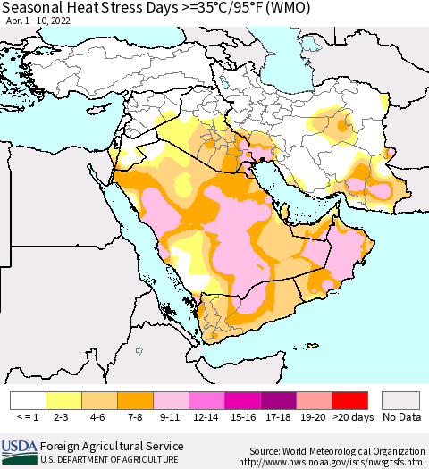 Middle East and Turkey Seasonal Heat Stress Days >=35°C/95°F (WMO) Thematic Map For 4/1/2022 - 4/10/2022