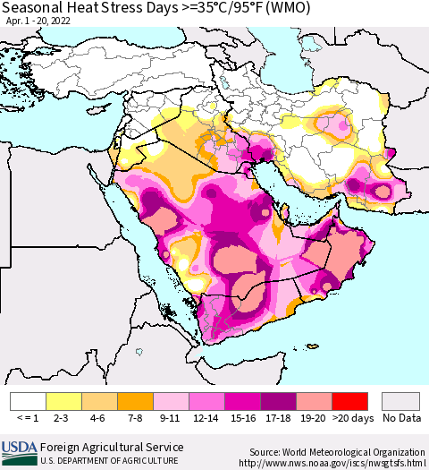 Middle East and Turkey Seasonal Heat Stress Days >=35°C/95°F (WMO) Thematic Map For 4/1/2022 - 4/20/2022